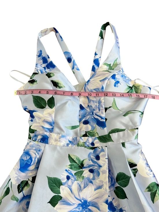 Speechless Blue Floral Satin Fit Flare Dress V Neck Wedding Guest Size 11 - Picture 6 of 10
